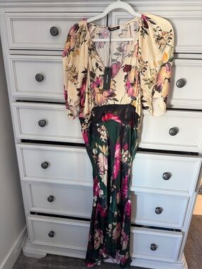 Love Sam Cream & Green Floral Maxi Dress with Pink Accents